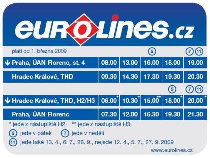 Eurolines startují 1.3. 2009 novou expresní linku 161100 Praha - Hradec Králové