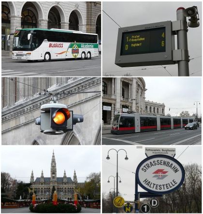 Předvánoční pohlednice z Vídně - autokar Rapidu, označníky, dopravní signalizace