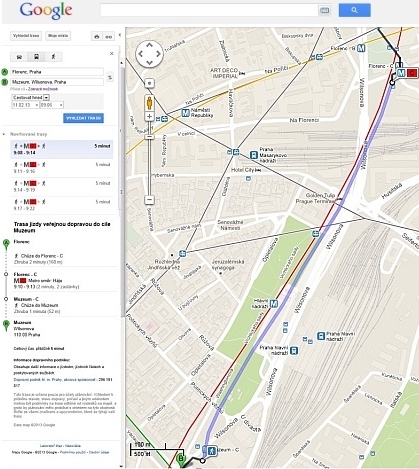 Pražská veřejná doprava na Mapách Google