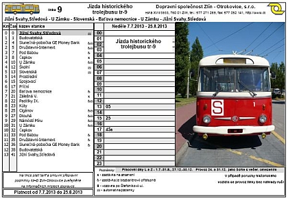 Historický trolejbus Škoda 9 Tr  o prázdninách na linkách 9 a 10 ve Zlíně